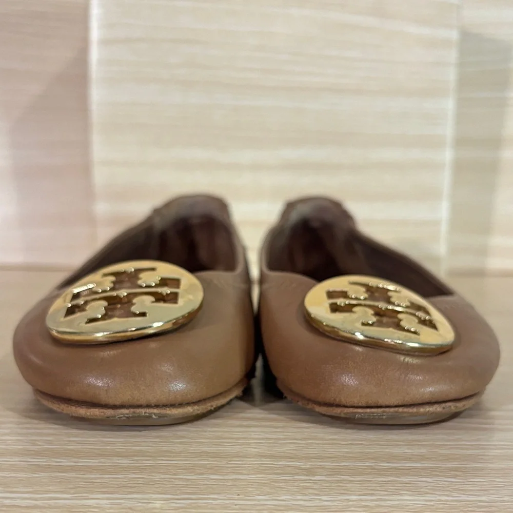 Tory Burch Tan Logo Ballet Flats Leather Round Toe Slip On 7M